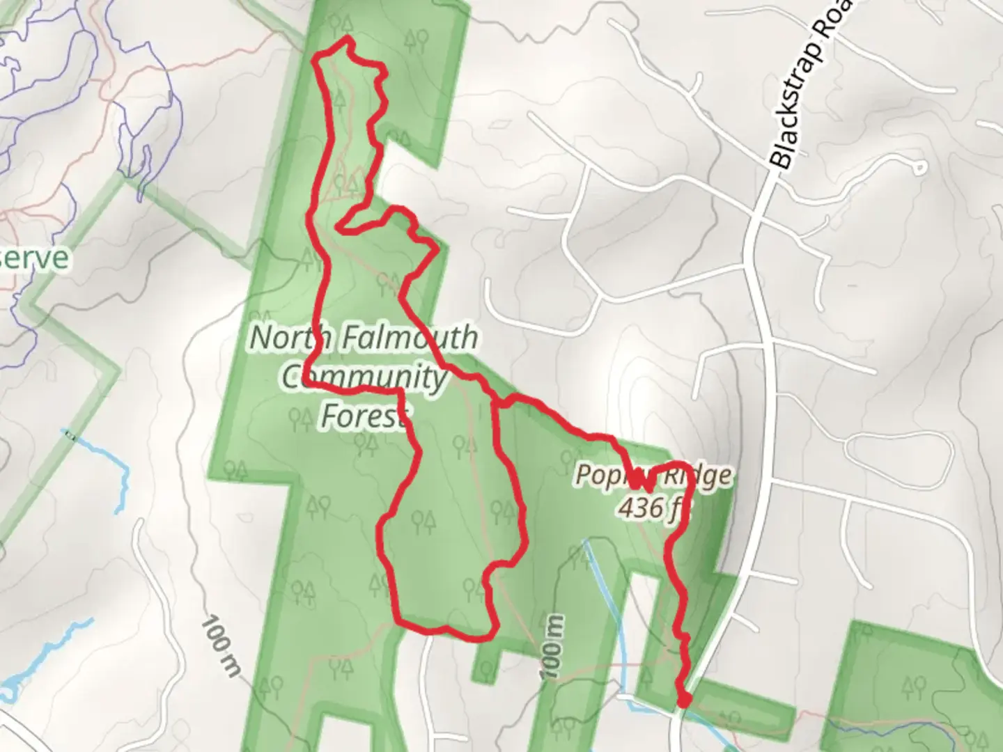 An image depicting the trail Poplar Ridge via Cross Falmouth Trail and its surrounding area.