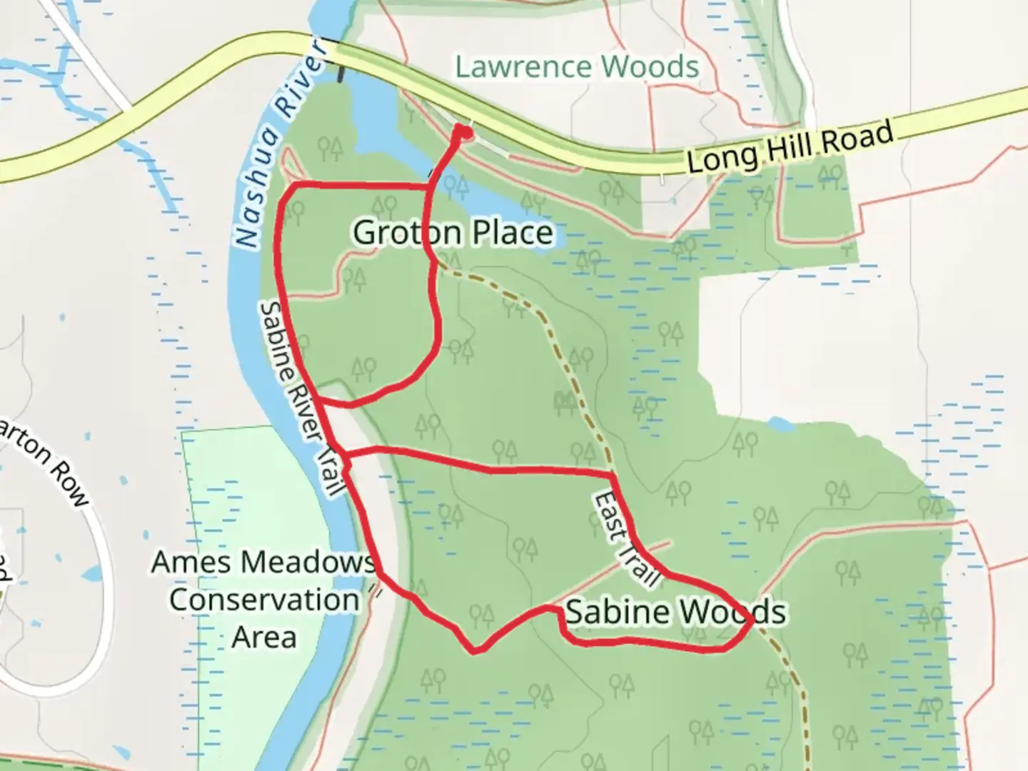 An image depicting the trail Sabine Woods and South Groton Tour Loop and its surrounding area.