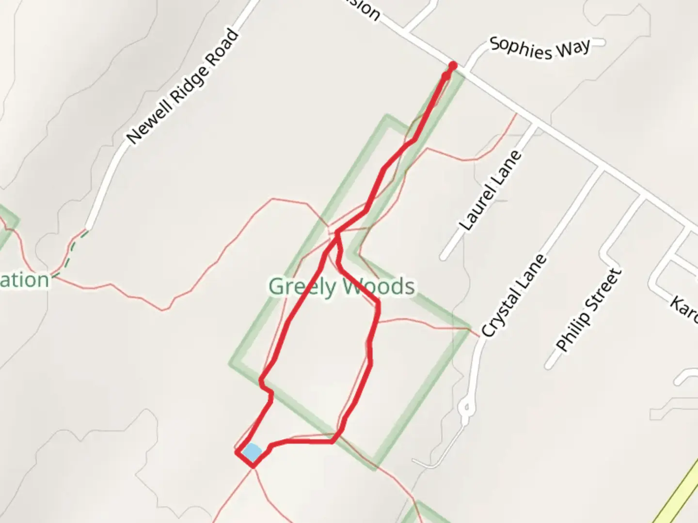 An image depicting the trail Tubby's Pond via Greely Woods Trail and its surrounding area.