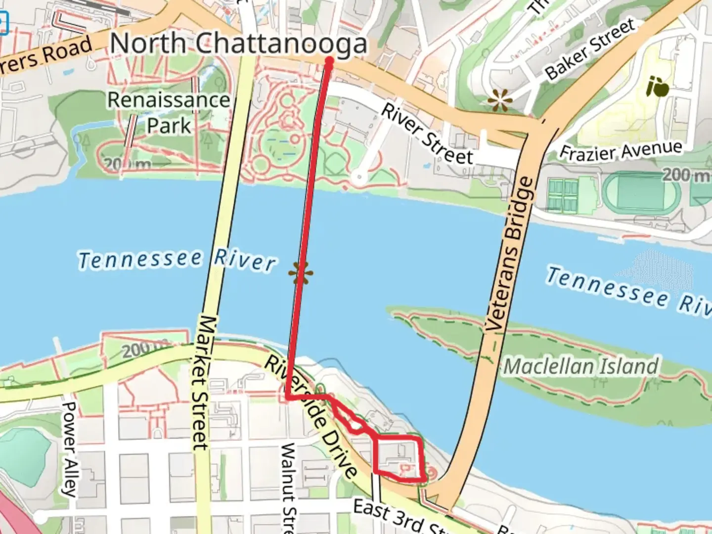 An image depicting the trail Coolidge Park, Walnut Street and Tennessee River Walk and its surrounding area.