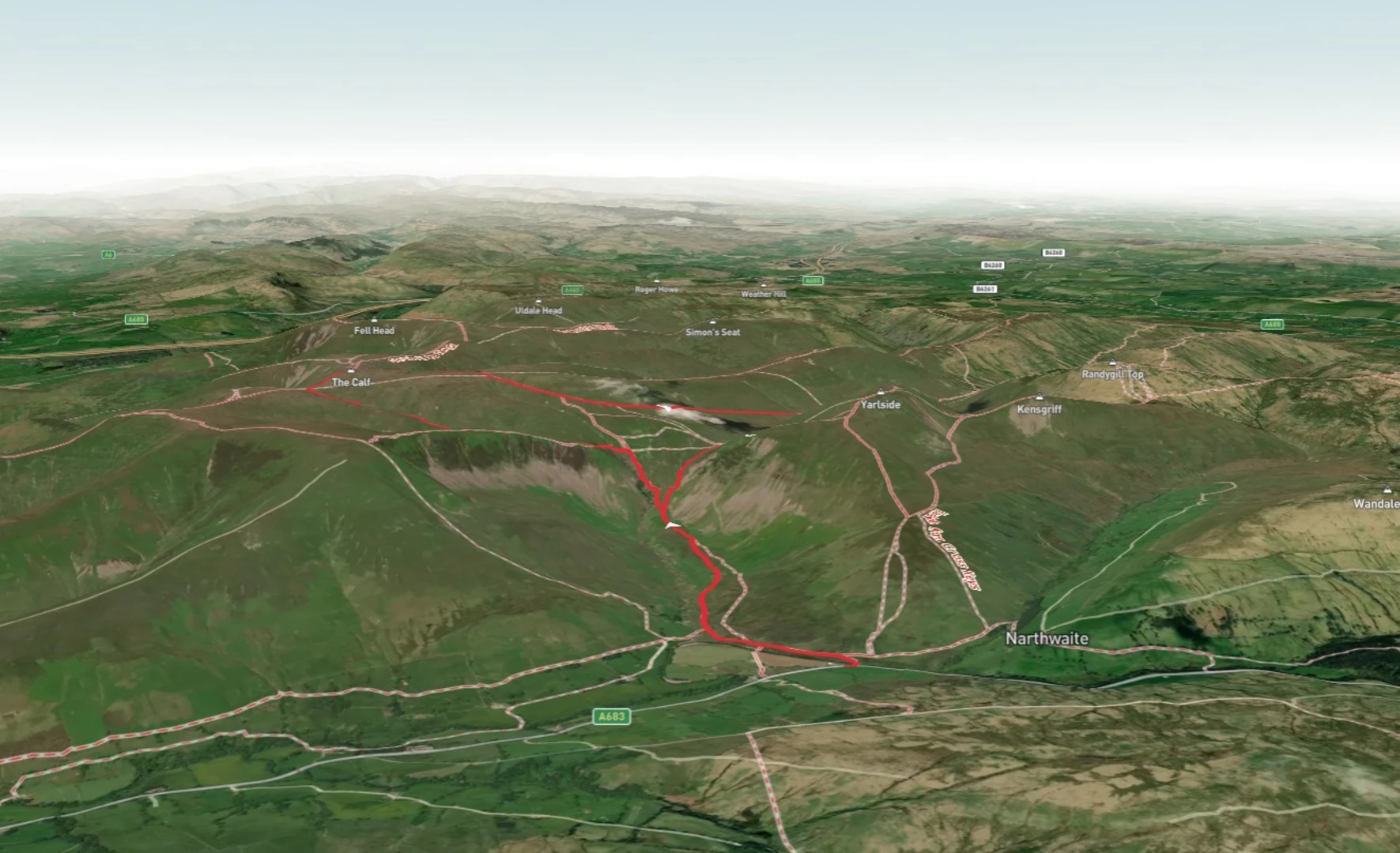 An image depicting the trail Cautley Spout Tongue, The Calf and Red Gill Beck and its surrounding area.