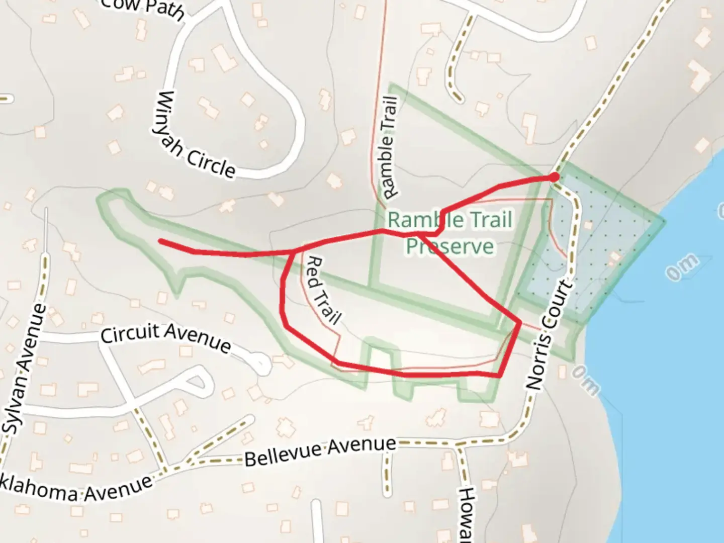 An image depicting the trail Red Trail Loop from Norris Court and its surrounding area.