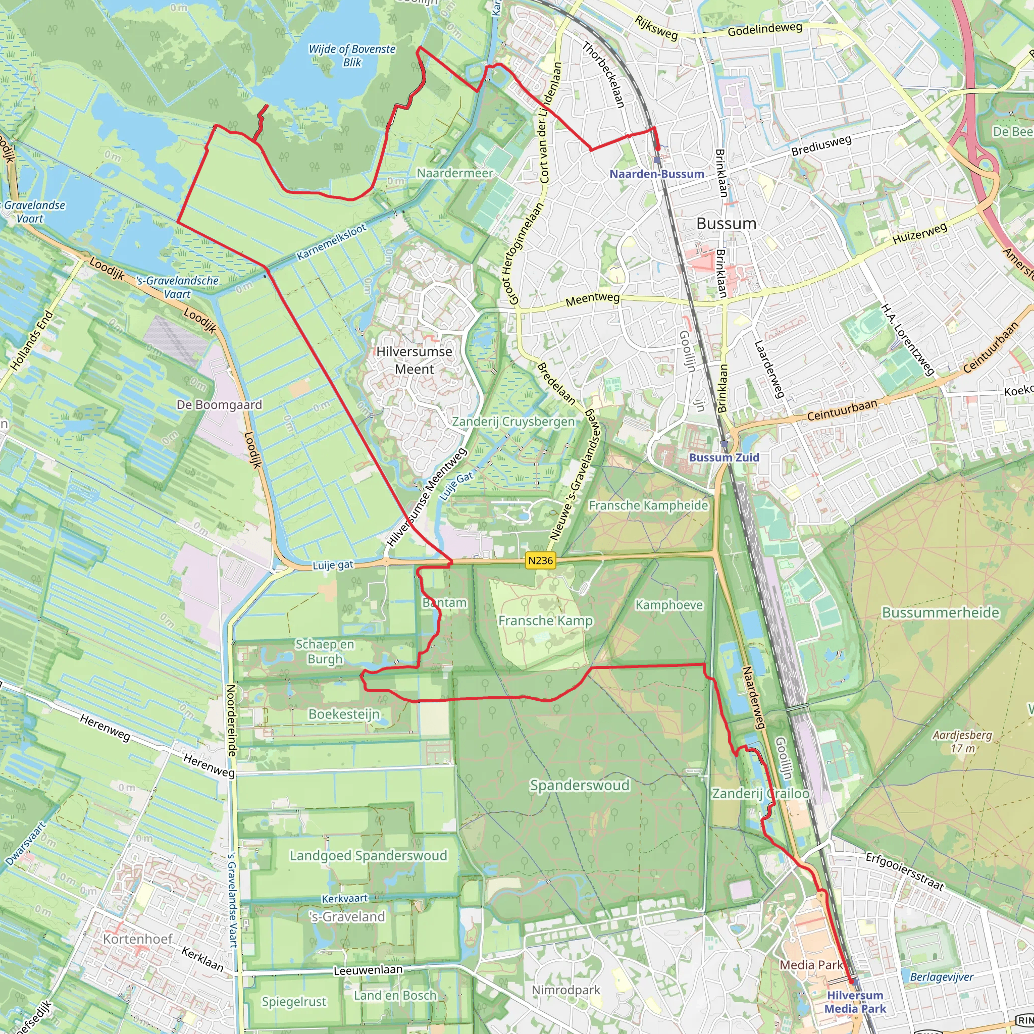 Mediapark to Naarden - Bussum via Heimanspad, Melkmeent and Wijde of Bovenste Blik mobile static map