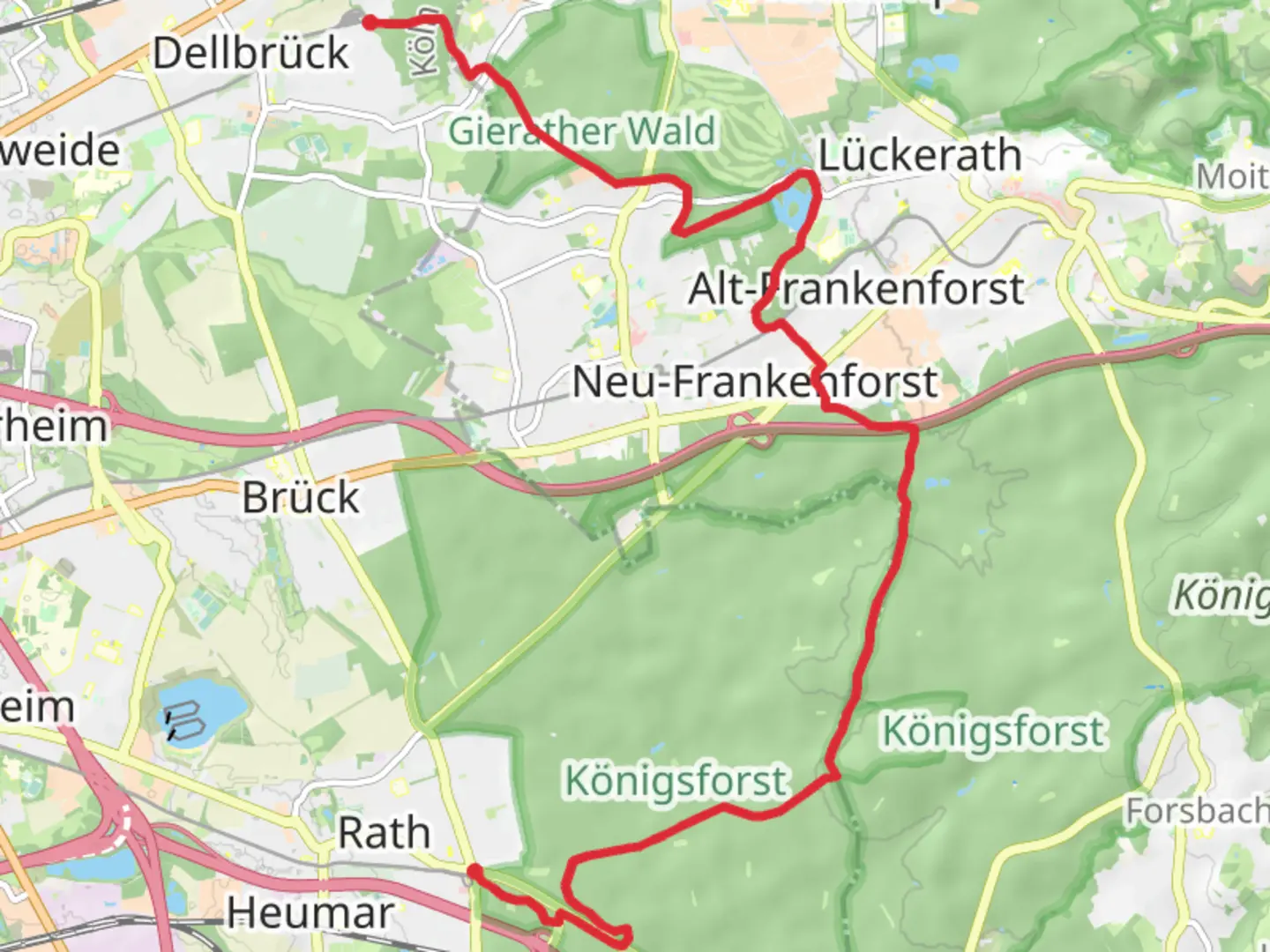 An image depicting the trail Wildniswald to Thielenbruch Walk via Konigsforst and its surrounding area.