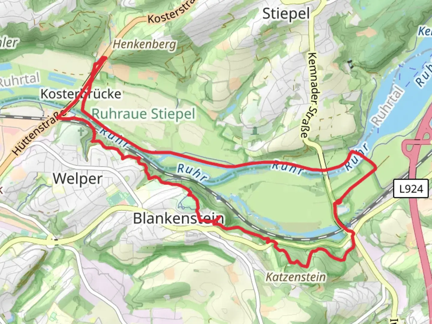 An image depicting the trail Ruhr, Burg Blankenstein and Turm der Burg Blankenstein via Pilgerweg and its surrounding area.