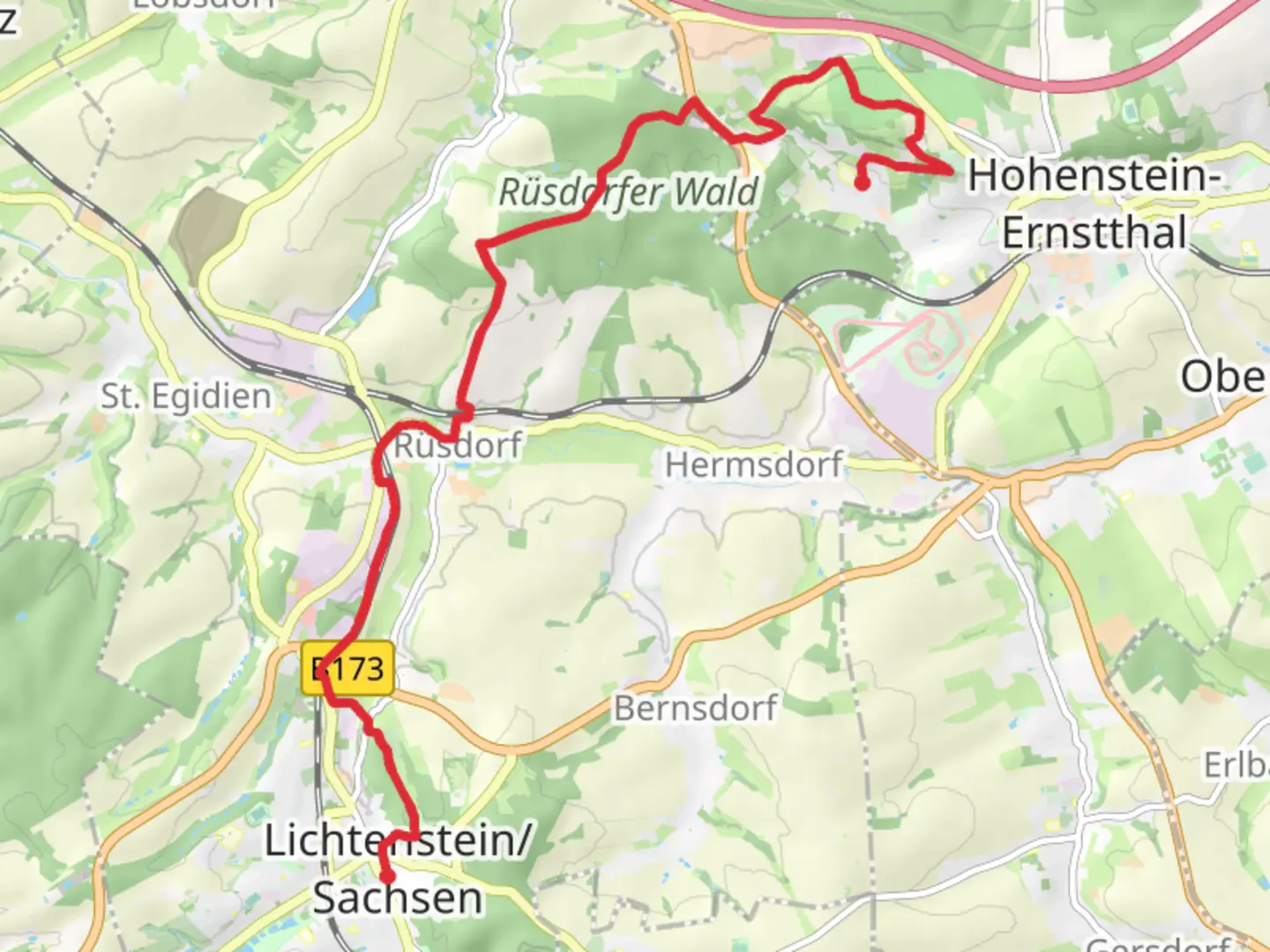 An image depicting the trail Muehlberg and Kreiselbach via Lichtenstein and its surrounding area.