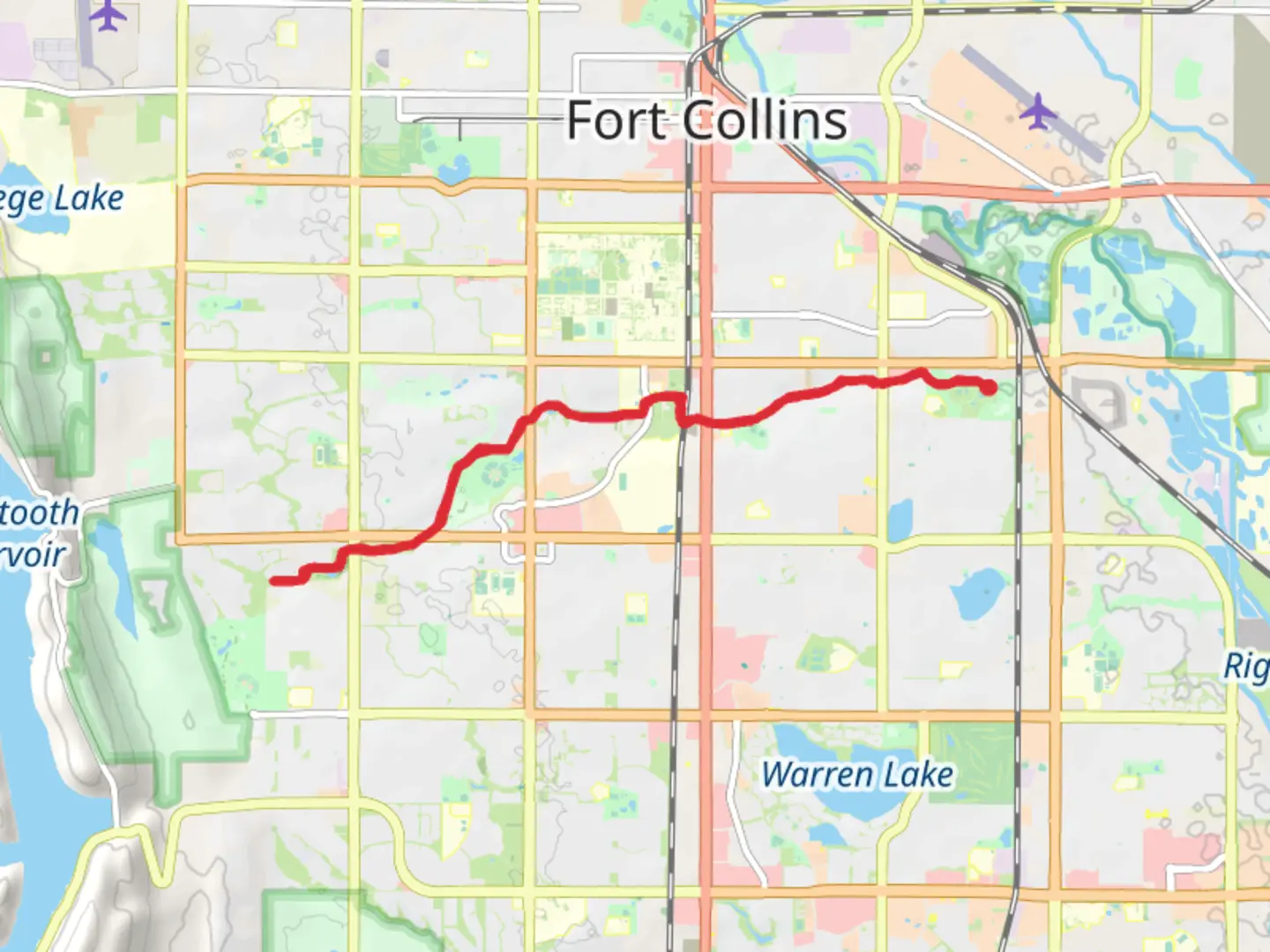 An image depicting the trail Spring Creek Trail from East Prospect Road and its surrounding area.