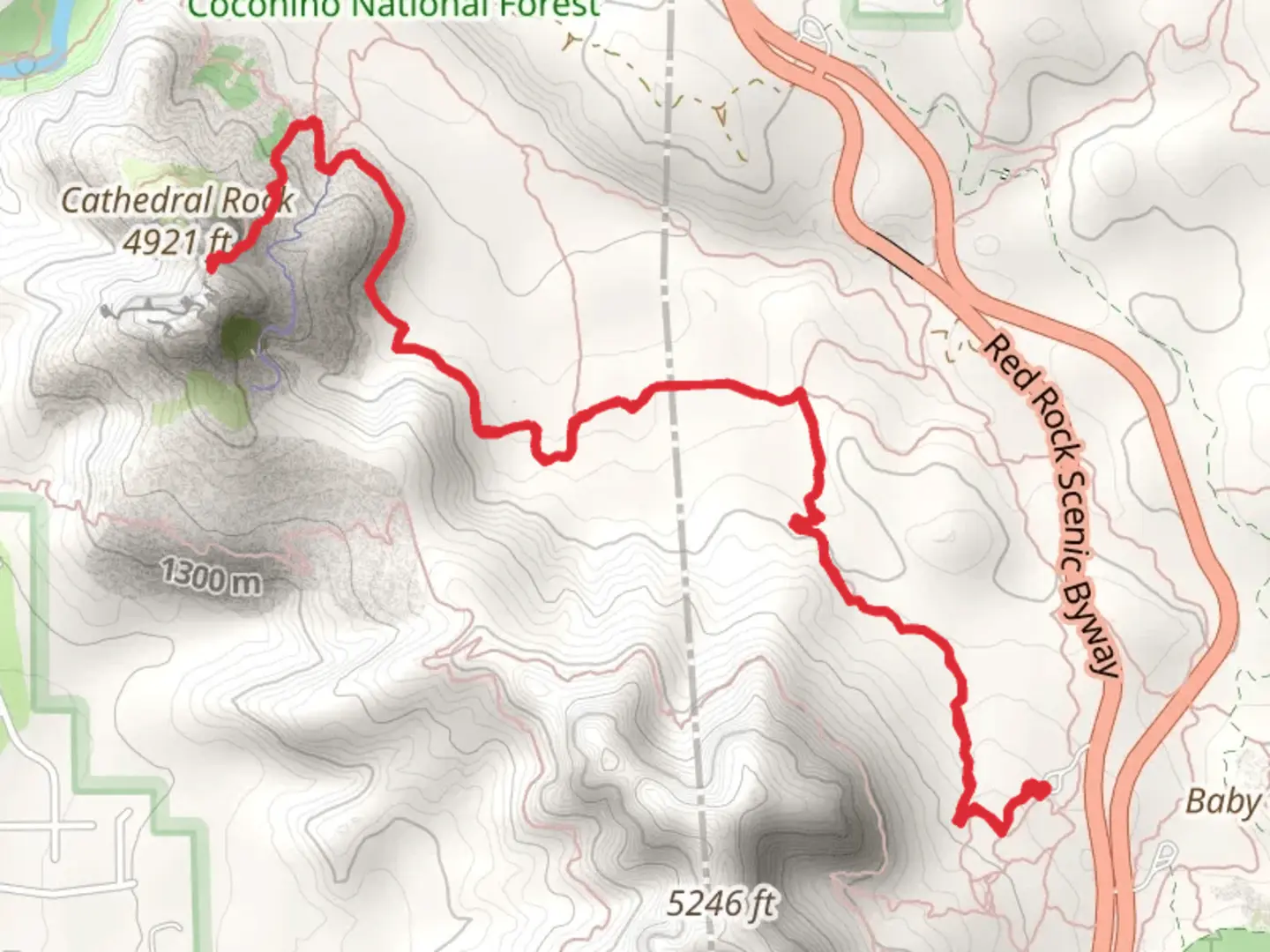 An image depicting the trail Cathedral Rock via Templeton Trail and its surrounding area.