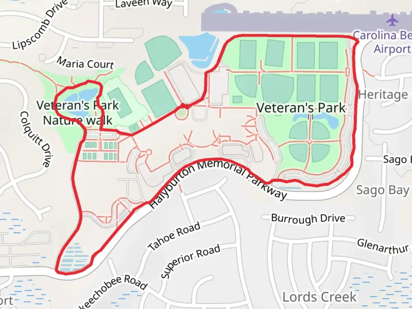 An image depicting the trail Veteran's Park Loop - Long and its surrounding area.