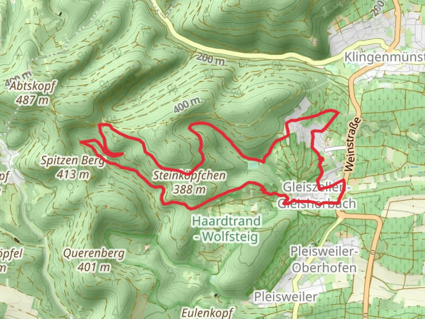 An image depicting the trail Kapellen - Pilgerweg and Sauhausbrunnen Weg and its surrounding area.