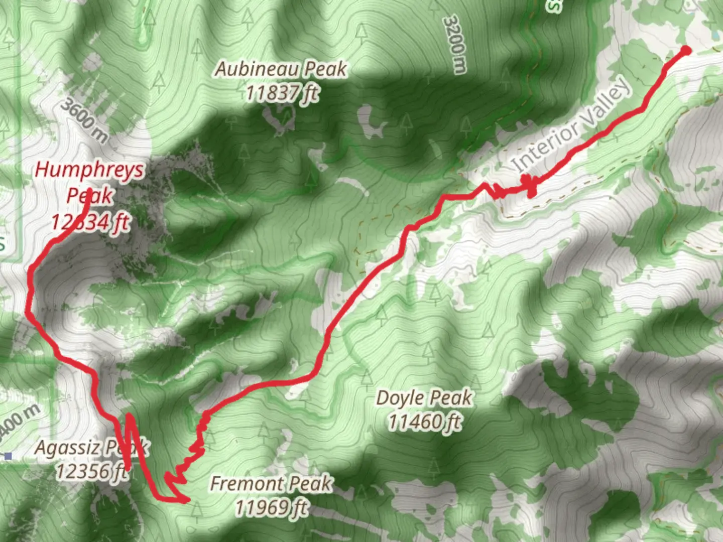 An image depicting the trail Humphreys Peak via Inner Basin Trail and Weatherford Trail and its surrounding area.