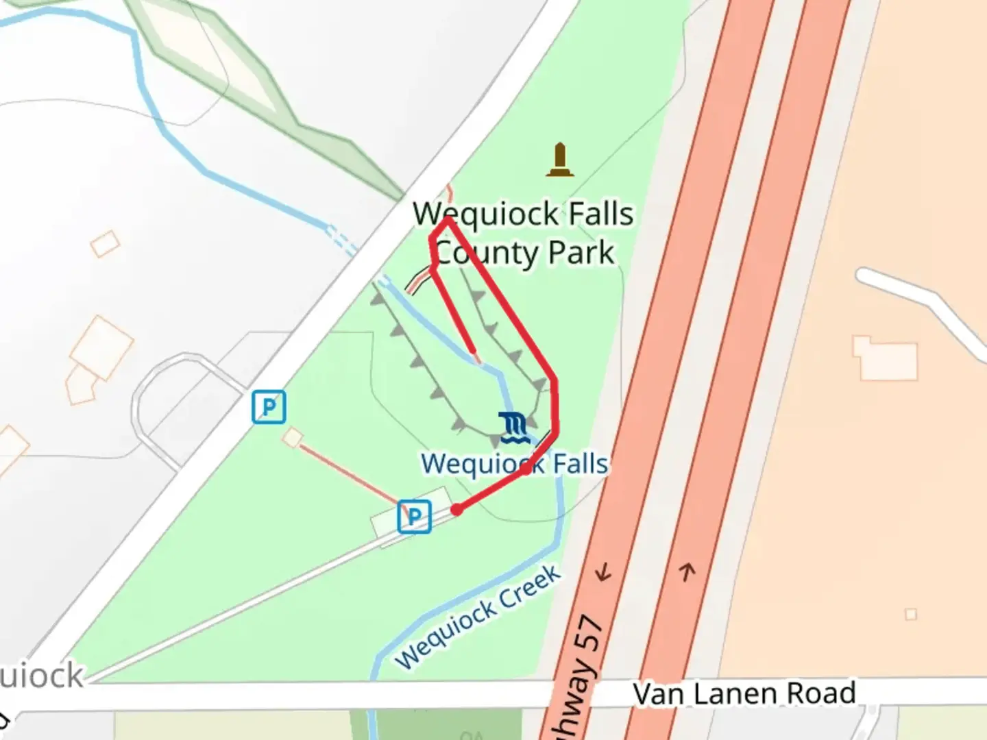 An image depicting the trail Wequiock Falls County Park Walk and its surrounding area.