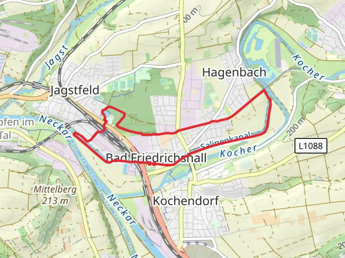 An image depicting the trail Salinenkanal and Schachtsee via Blauer Punkt and its surrounding area.