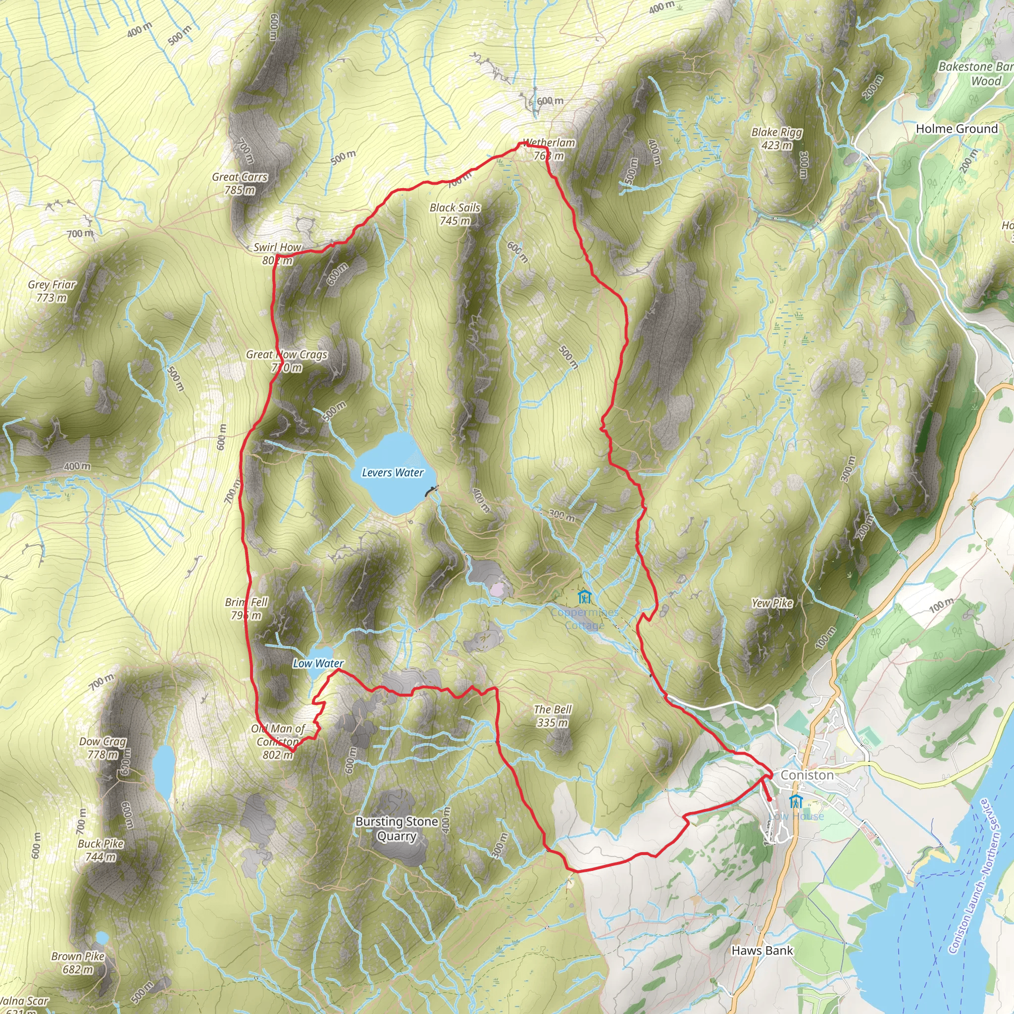 Old Man of Coniston, Great How Crags and Wetherlam Loop mobile static map