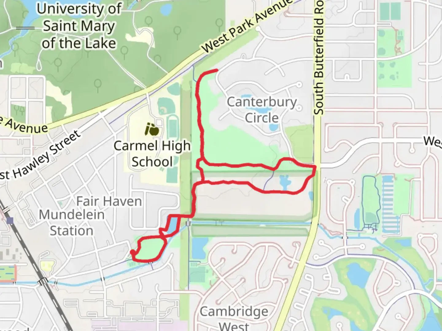 An image depicting the trail Hanrahan Park and Canterbury Park Loop and its surrounding area.