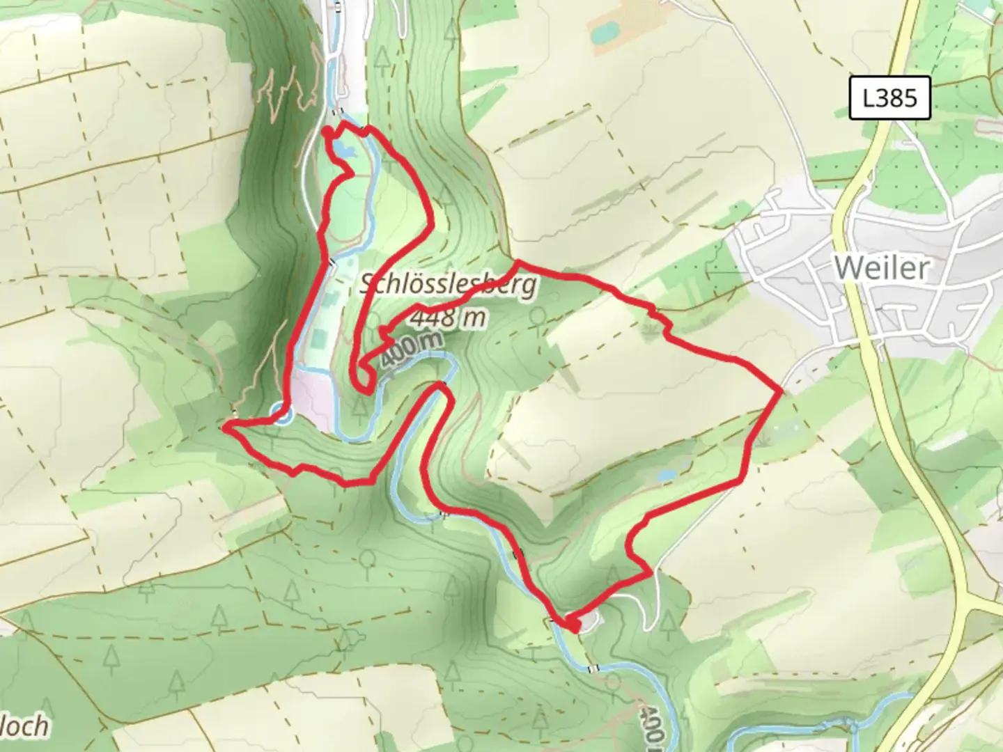 An image depicting the trail Kurpark, Sieben Taler Hohle, Schlosslesberg and Ehinger Burg Loop and its surrounding area.