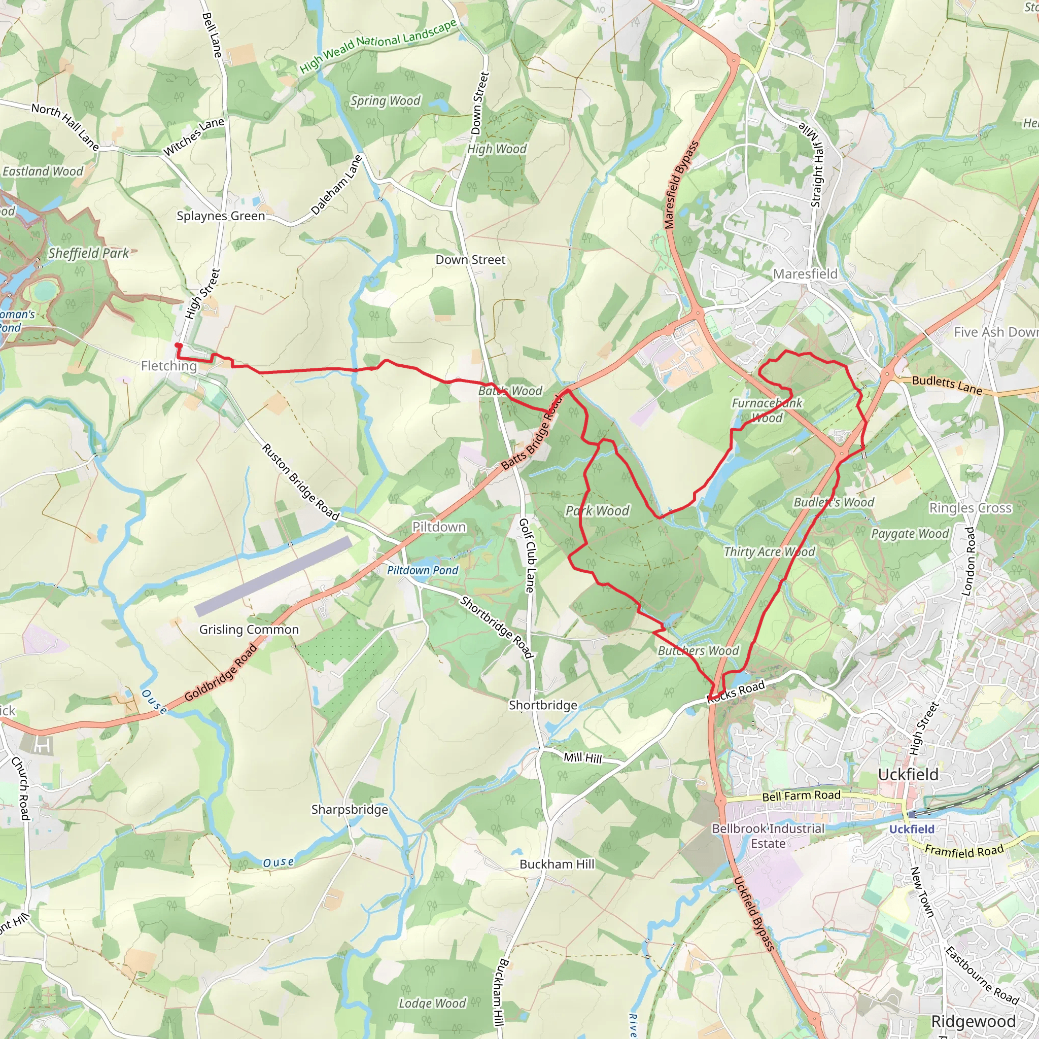 Park, Thirty Acre and Furnacebank Wood Loop from Fletching mobile static map