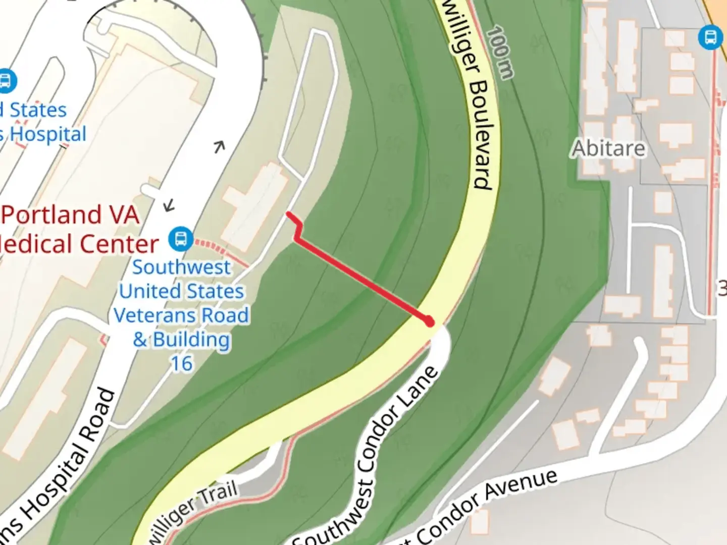 An image depicting the trail Southwest Terwilliger Boulevard West Walk and its surrounding area.