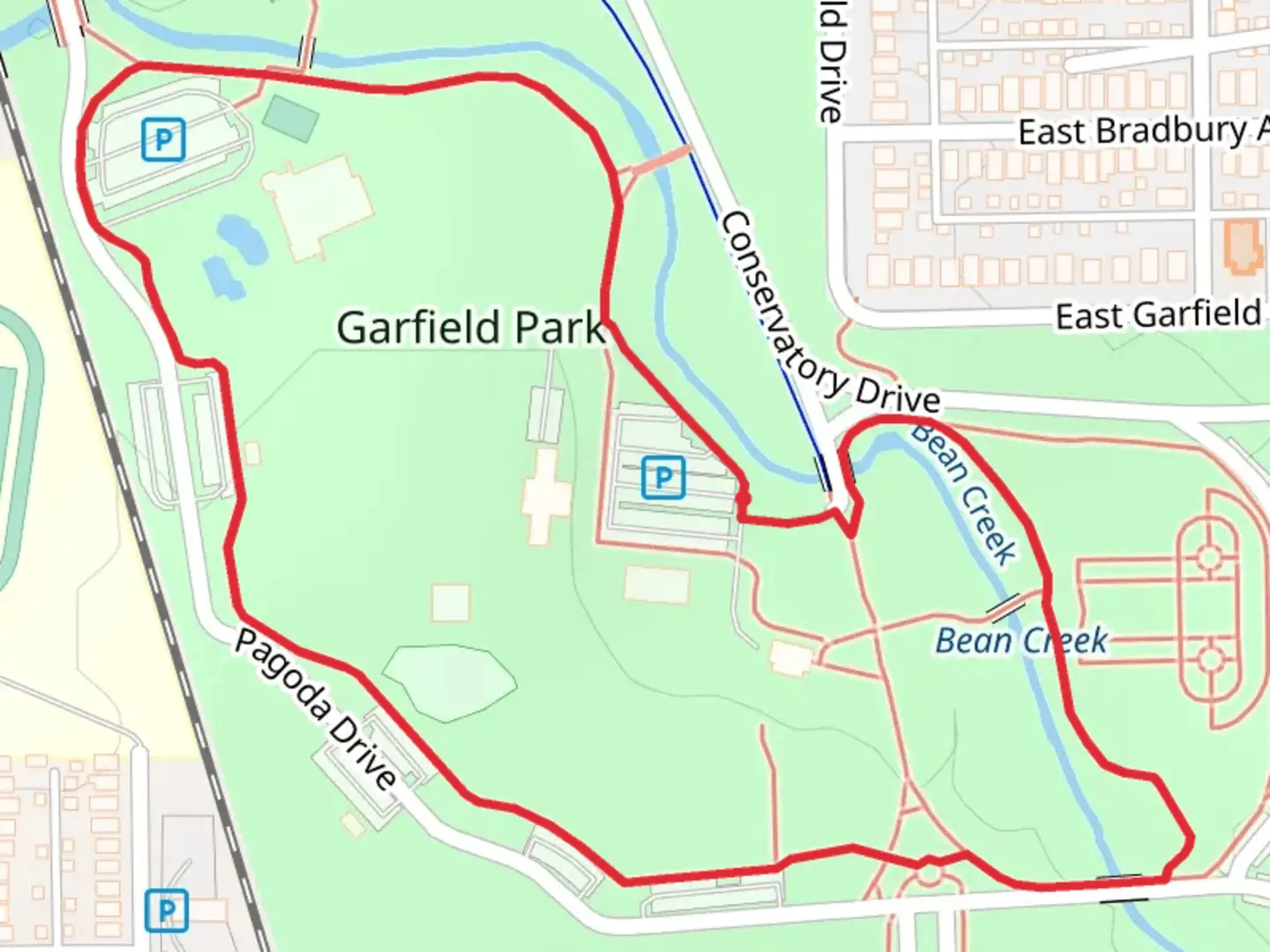 An image depicting the trail Garfield Park Loop and its surrounding area.