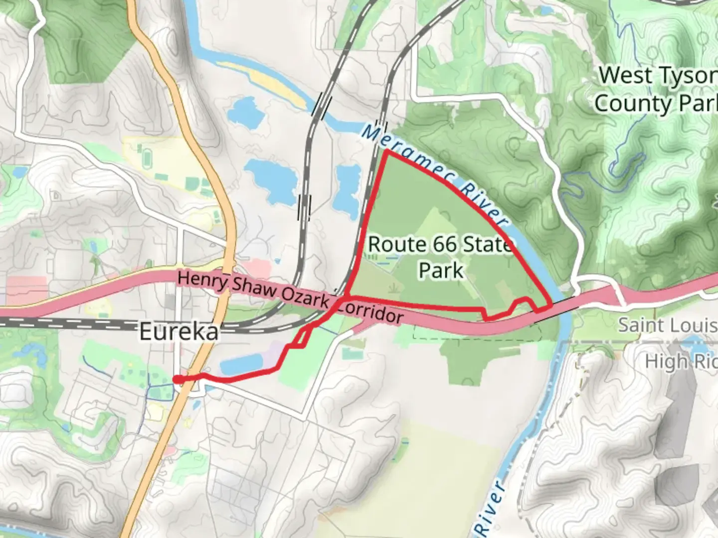An image depicting the trail Kircher, Flat Creek and Route 66 STate Park Loop Trail and its surrounding area.