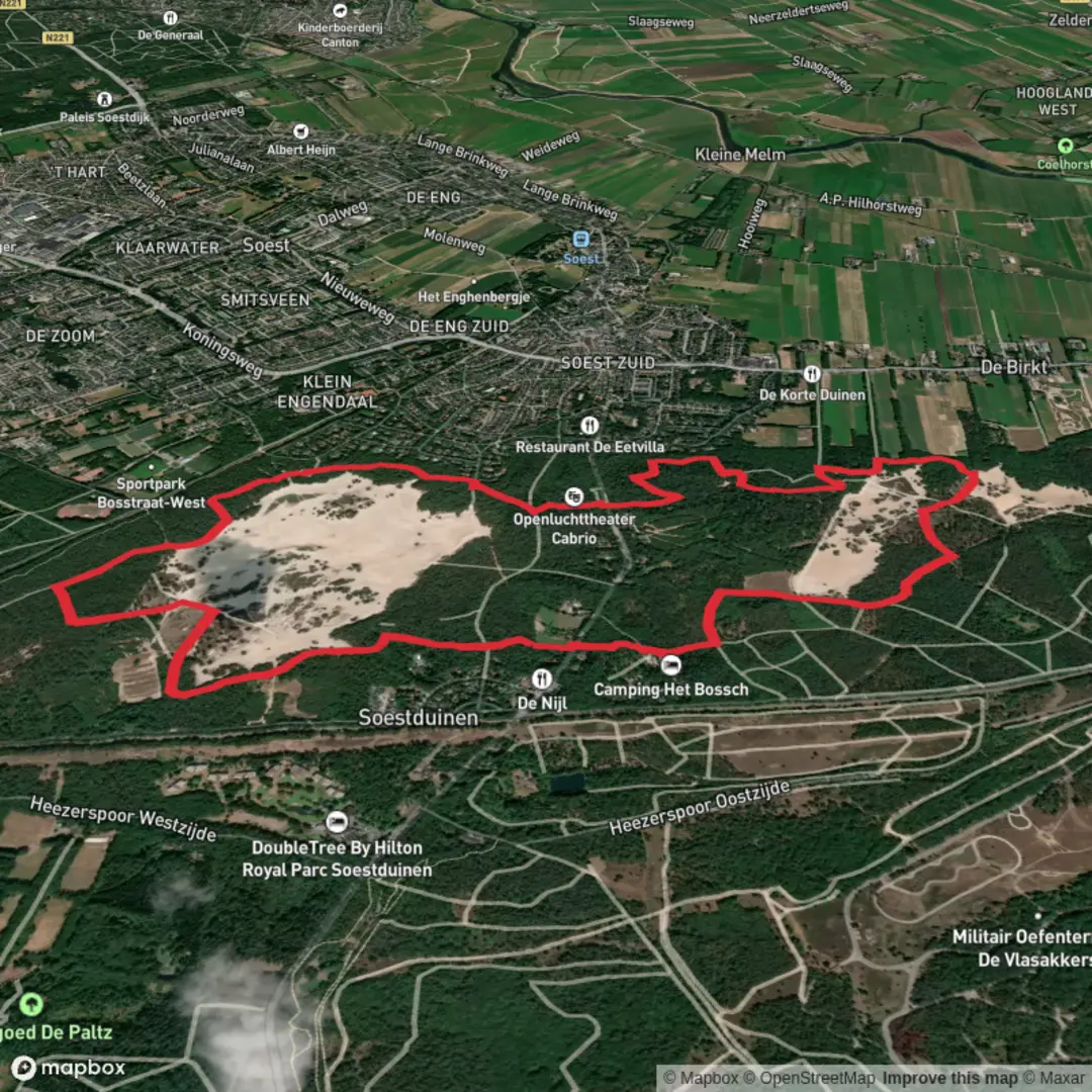 An image depicting the trail Marskramerpad and Natuurpad De Lange Duinen Loop and its surrounding area.