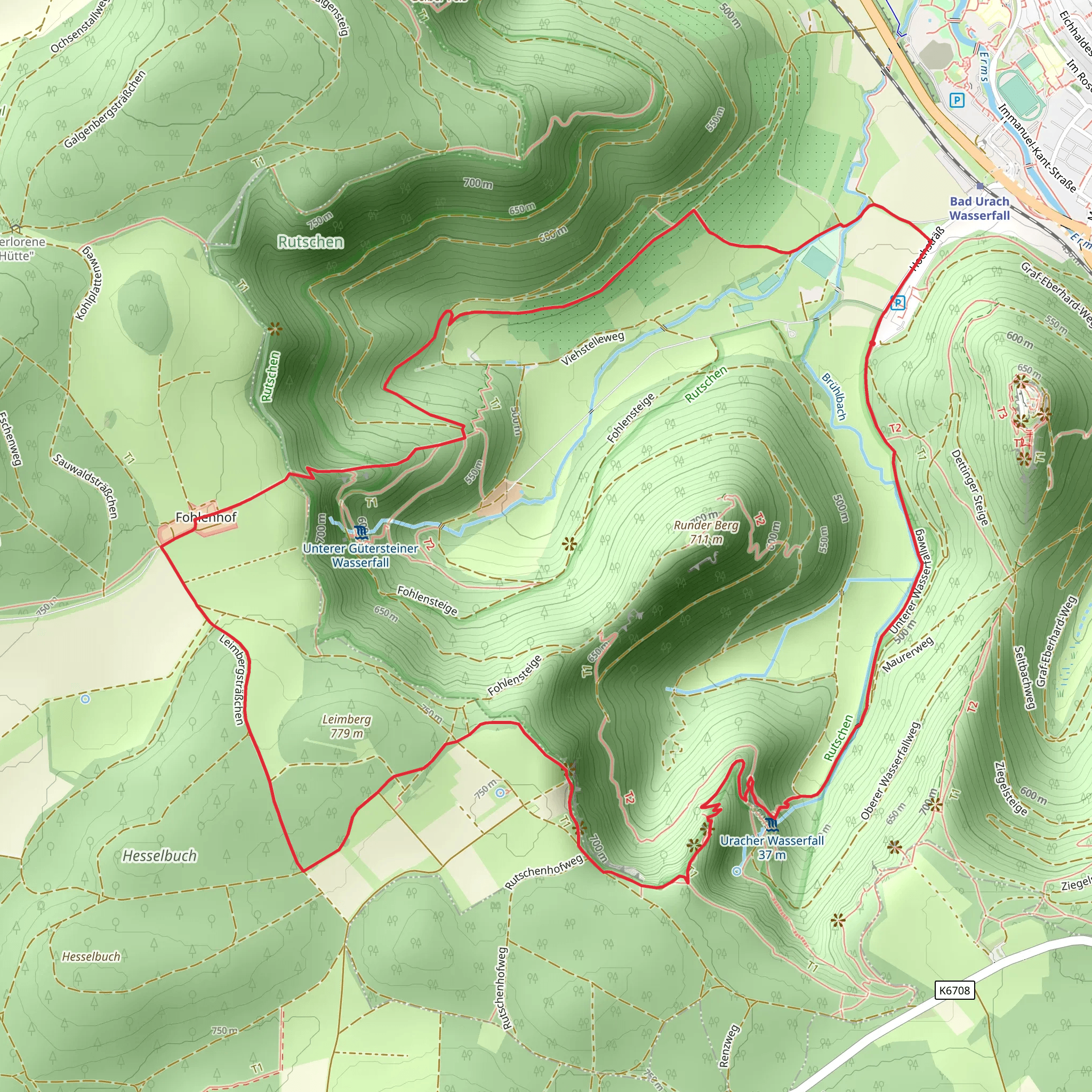Uracher Wasserfall and Rutschenfelsen Loop via Wasserfallsteig mobile static map