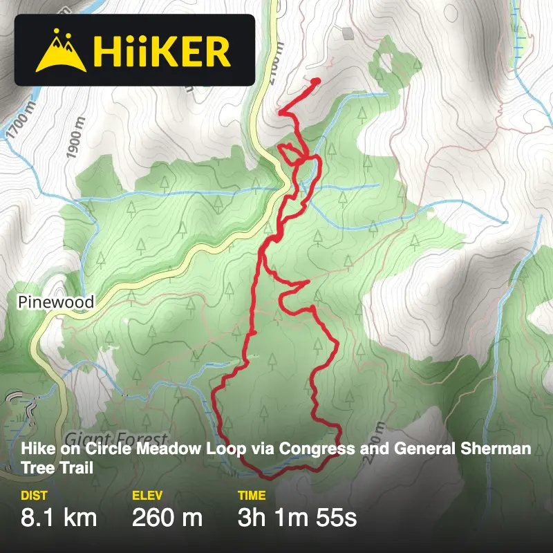 A map preview of the recording Hike on Circle Meadow Loop via Congress and General Sherman Tree Trail.