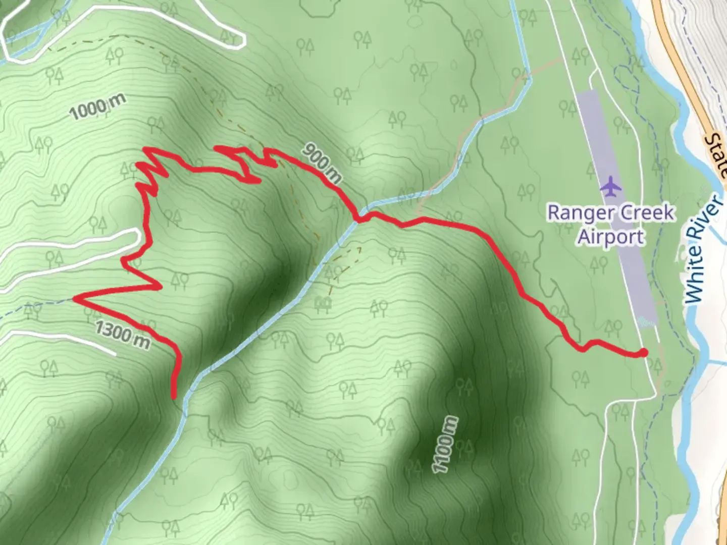 An image depicting the trail Doe Falls via Suntop Trail - Ranger Creek State Airport and its surrounding area.