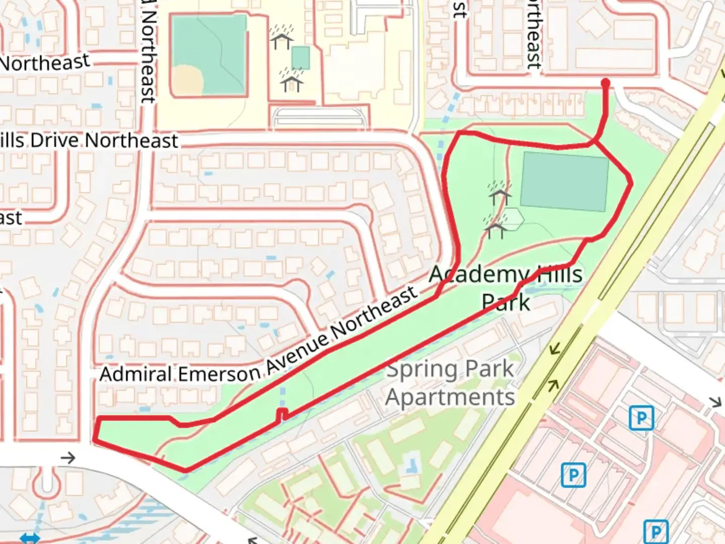 An image depicting the trail Academy Hills Park and its surrounding area.