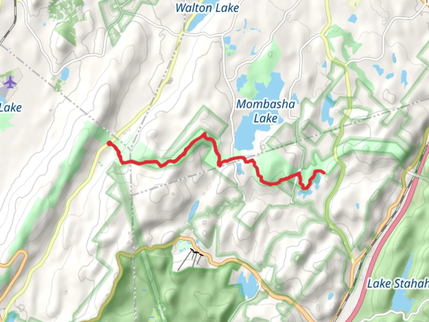 An image depicting the trail Little Dam Lake and Buchanan Mountain from Dutch Hollow Road and its surrounding area.