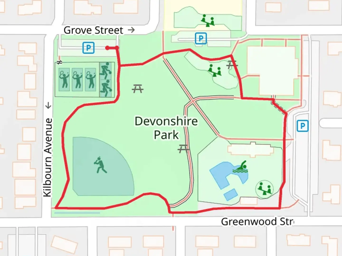 An image depicting the trail Devonshire Park Loop and its surrounding area.
