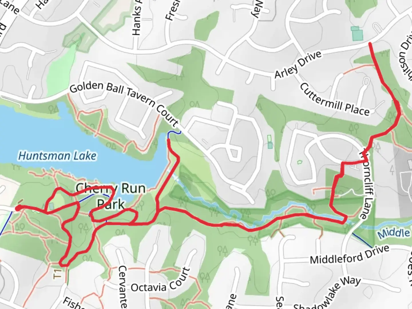 An image depicting the trail Huntsman Lake and Middle Run Walk and its surrounding area.