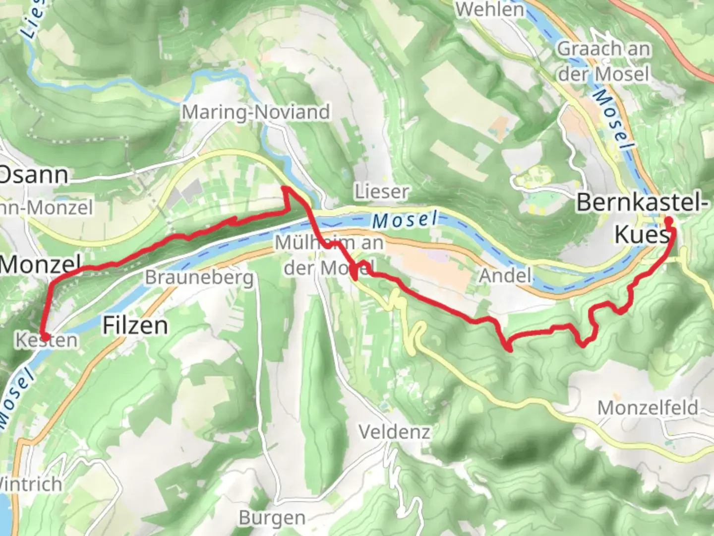 An image depicting the trail Kesten to Bernkastel Kues via Moselsteig and its surrounding area.