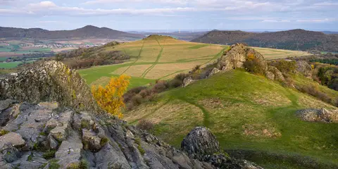 An image depicting the trail Habichtswaldsteig and its surrounding area.