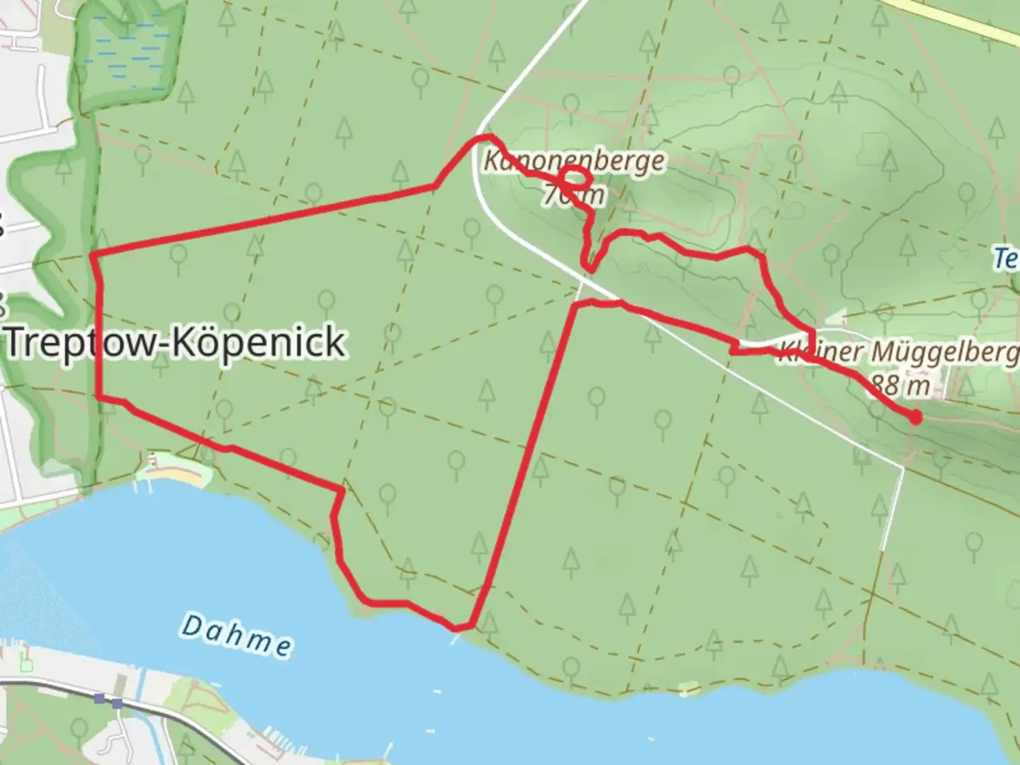 An image depicting the trail Kanonenberge via Am Langen See and its surrounding area.