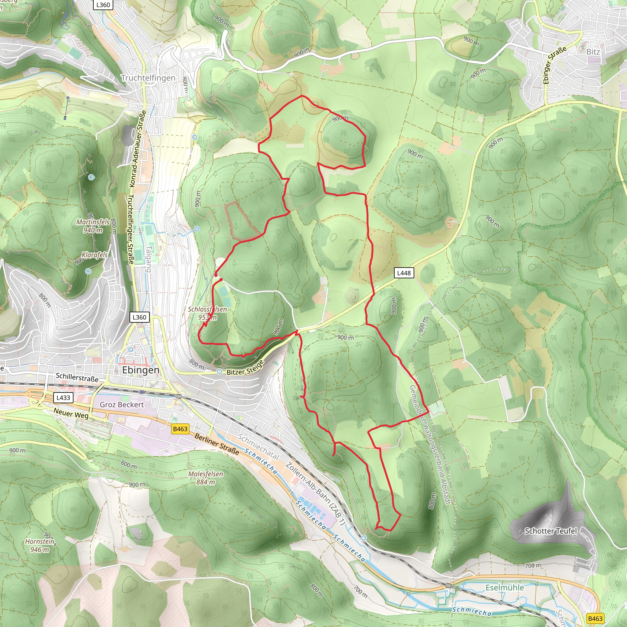 Muhlenfels, Galgenfelsen, Schleicherhuette and Schlossfelsen via Heinlochsträßchen mobile static map