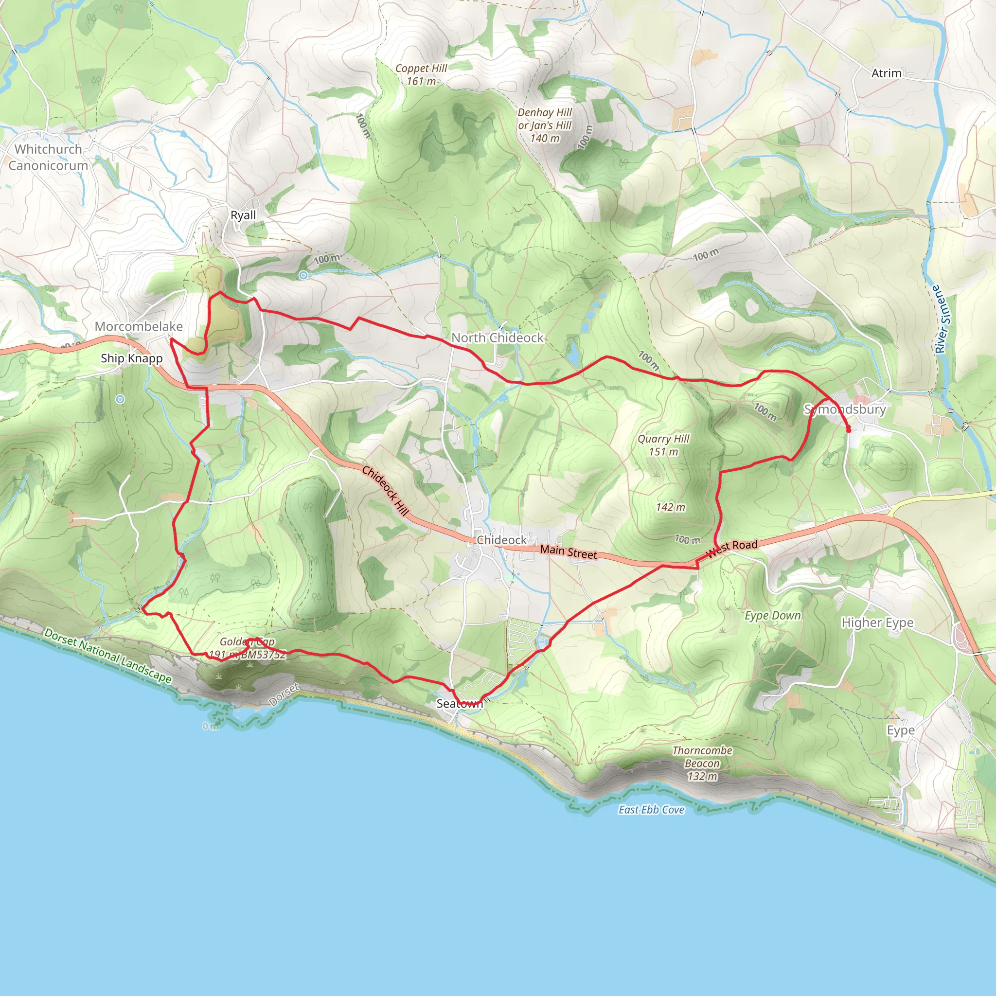 Symondsbury and Morcombelake Loop via Golden Cap mobile static map