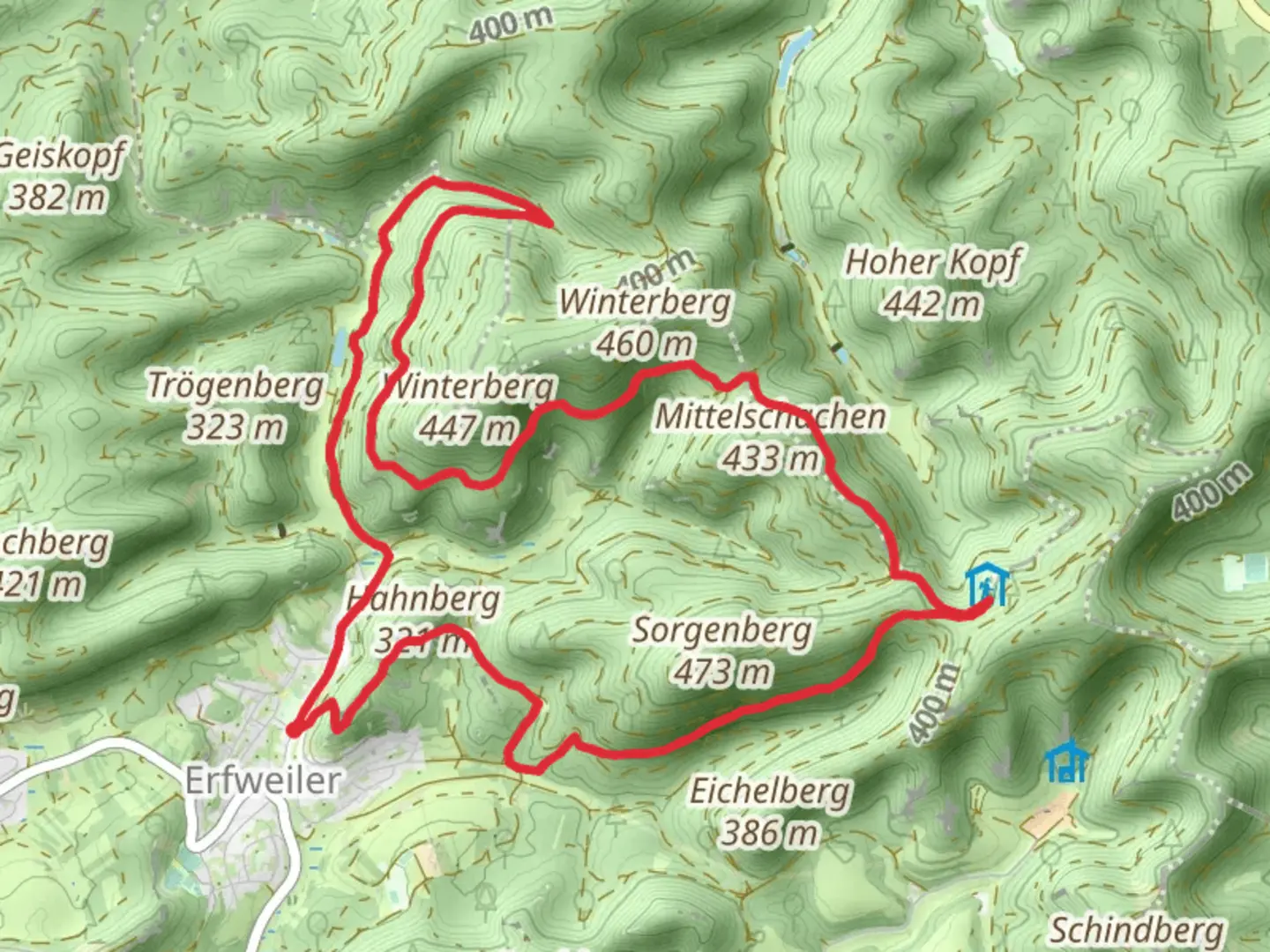 An image depicting the trail Rundwanderweg Erfweiler 56 and 65 and its surrounding area.