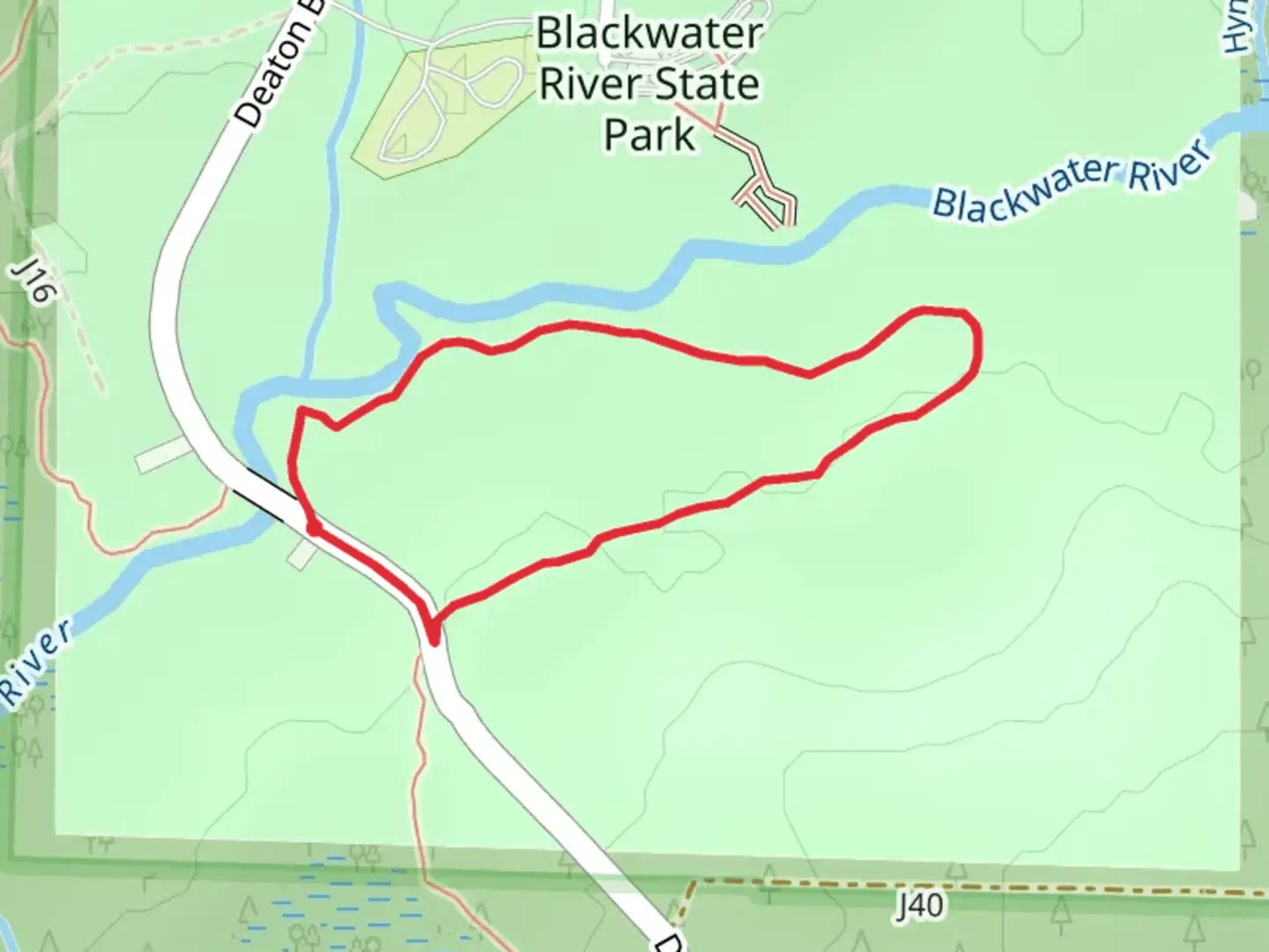An image depicting the trail Blackwater River State Park Loop and its surrounding area.