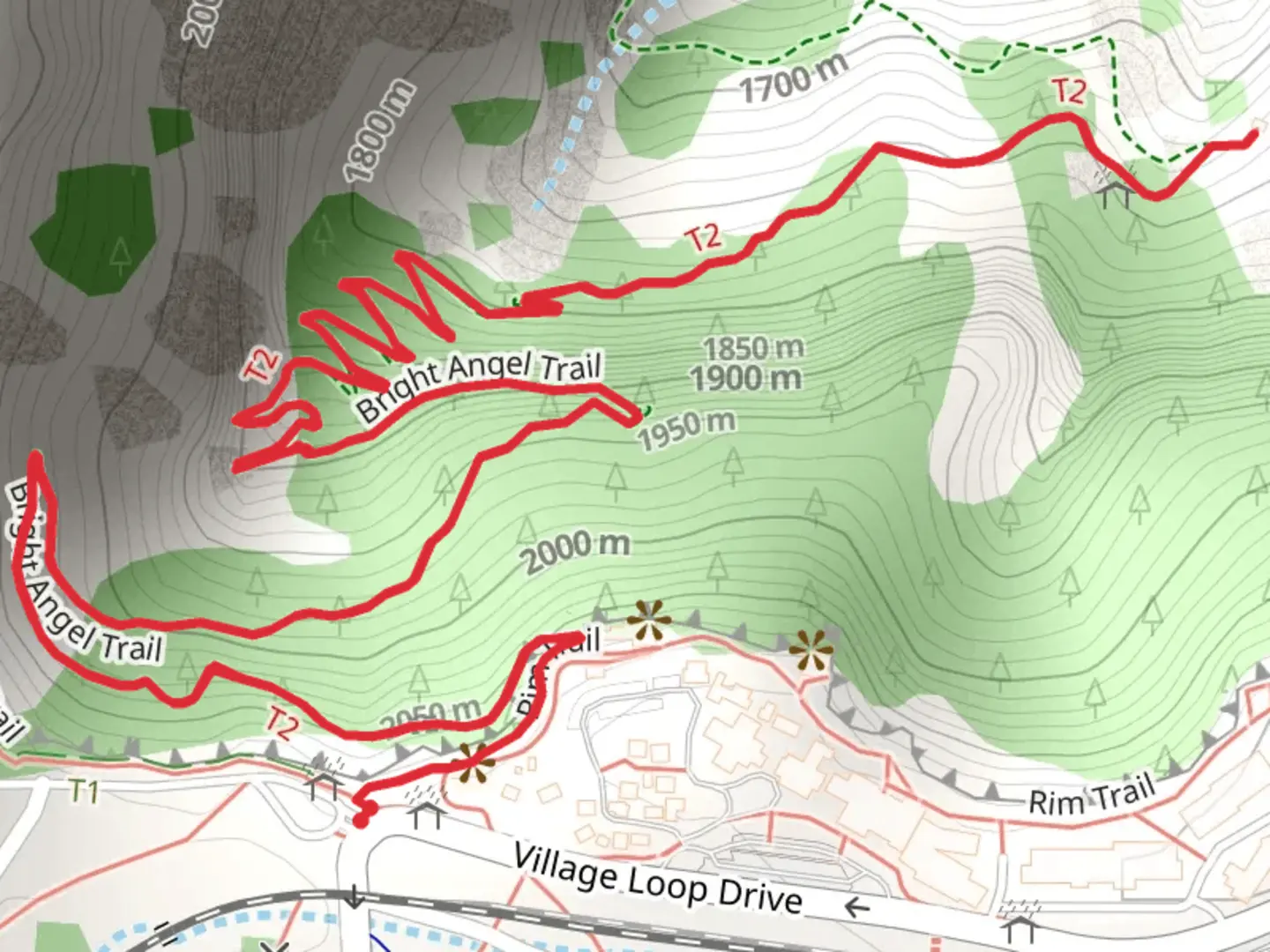 An image depicting the trail Rim and Bright Angel Trail and its surrounding area.