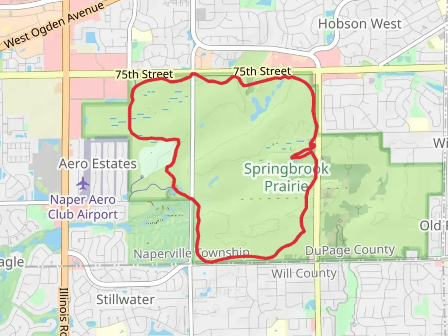 An image depicting the trail Springbrook Prarie Loop Trail and its surrounding area.