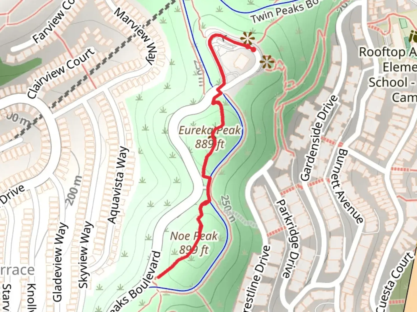 An image depicting the trail Twin Peaks via Christmas Tree Point Road and its surrounding area.