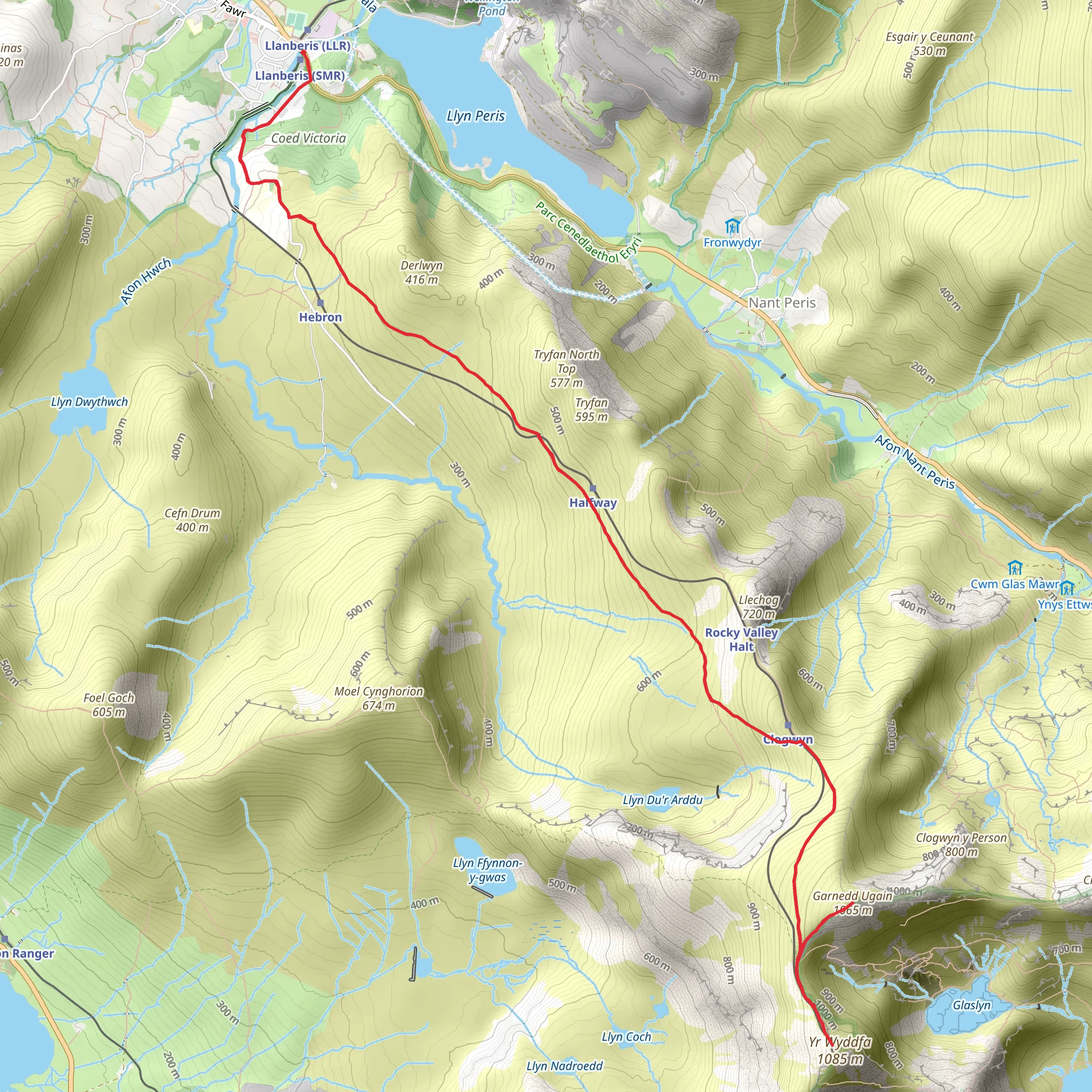 Snowdon and Garnedd Ugain from Llanberis mobile static map