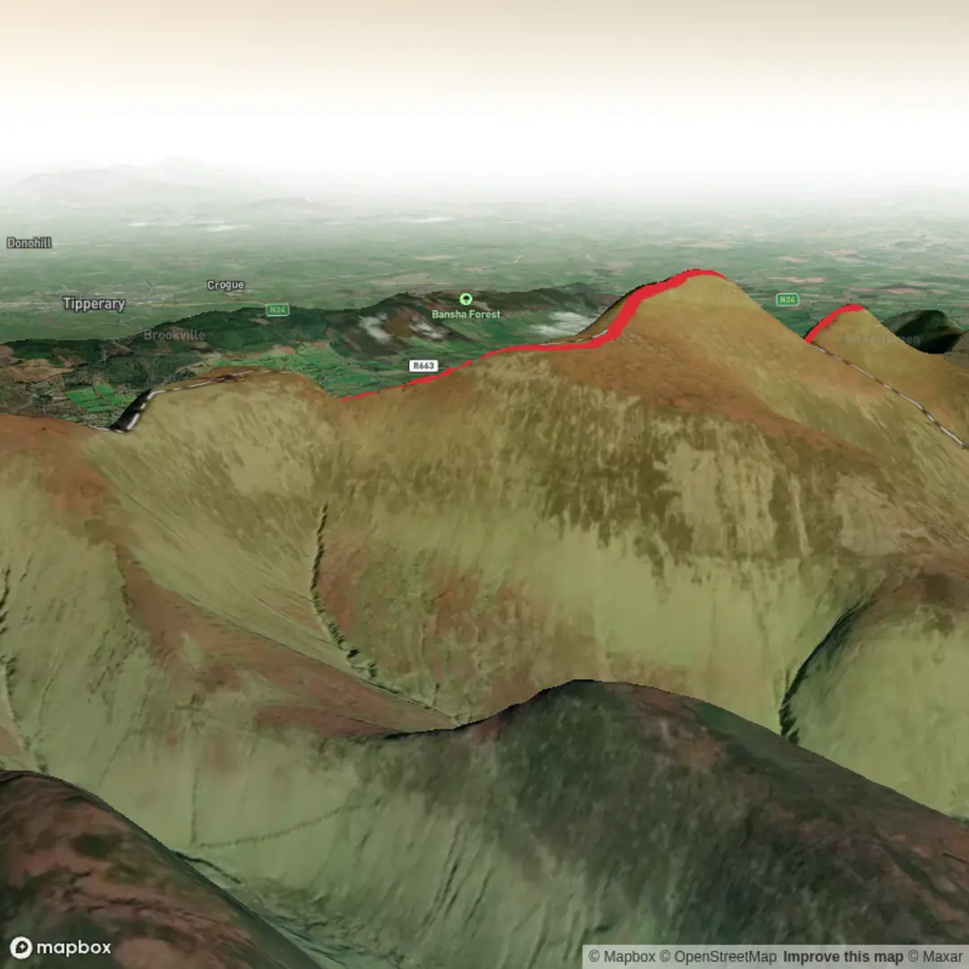 An image depicting the trail Galtymore Ice Road Galtybeg and its surrounding area.
