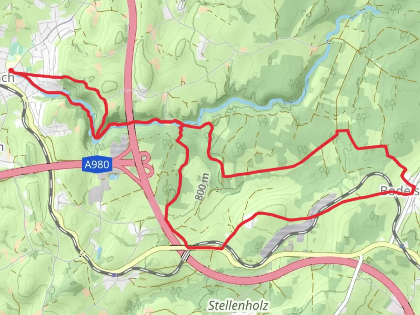 An image depicting the trail Einkehrweg and Bodelsberg Runde and its surrounding area.