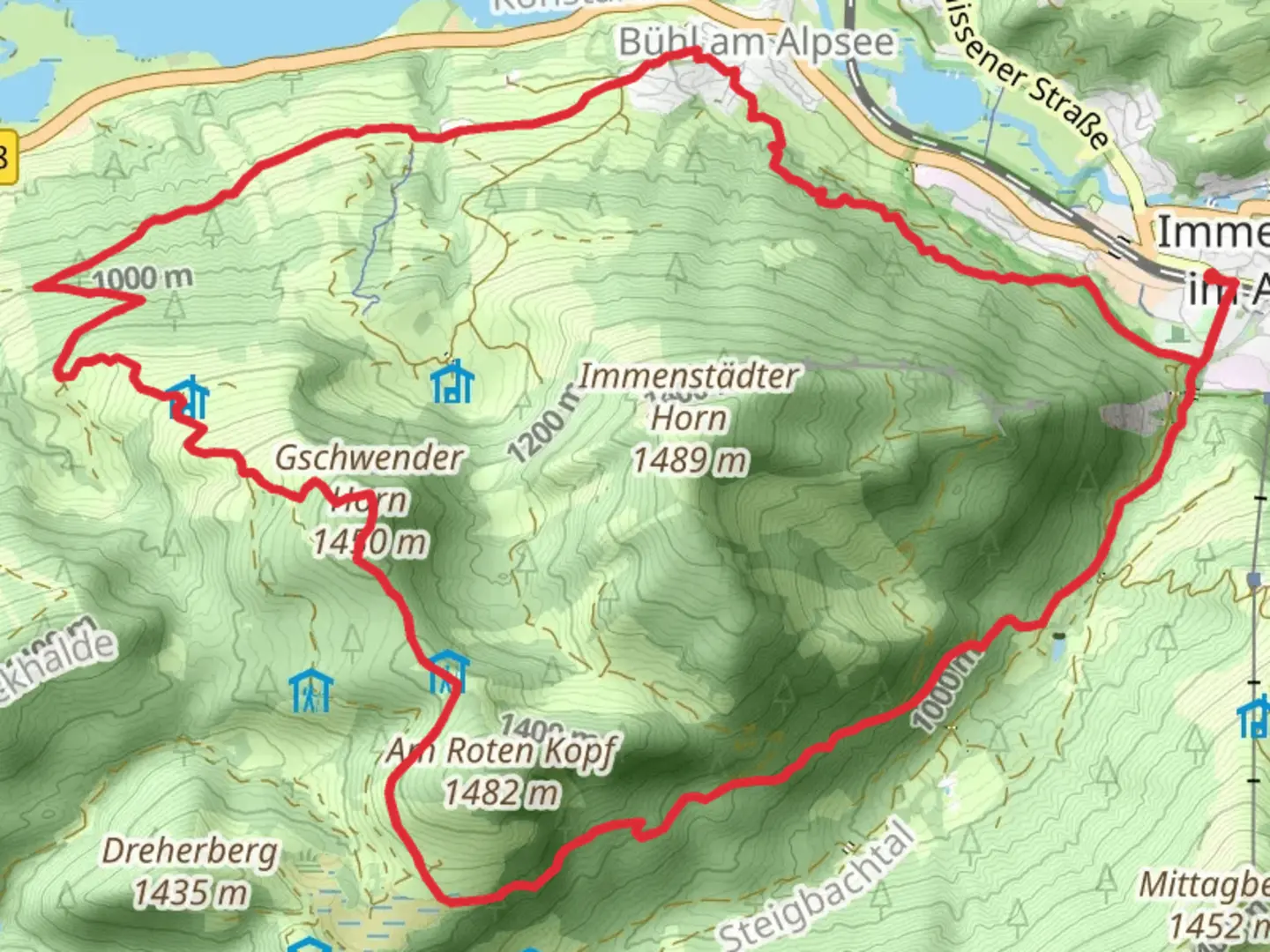 An image depicting the trail Immendstadt and Gschwender Horn Loop and its surrounding area.