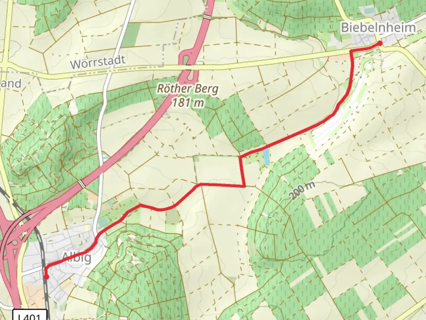 An image depicting the trail Albig to Biebelnheim via Jakobsweg Rheinhessen and its surrounding area.