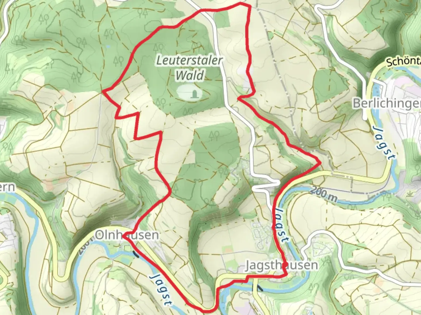 An image depicting the trail Jagsthausen - Olnhausen - Widdern and its surrounding area.