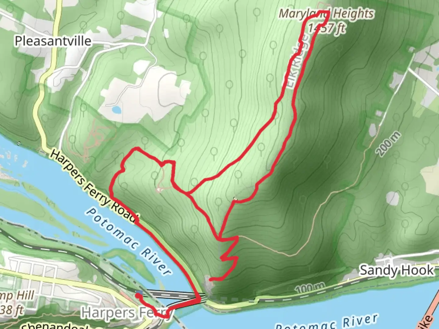 An image depicting the trail Maryland Heights and Stone Fort Loop Trail from Harpers Ferry and its surrounding area.