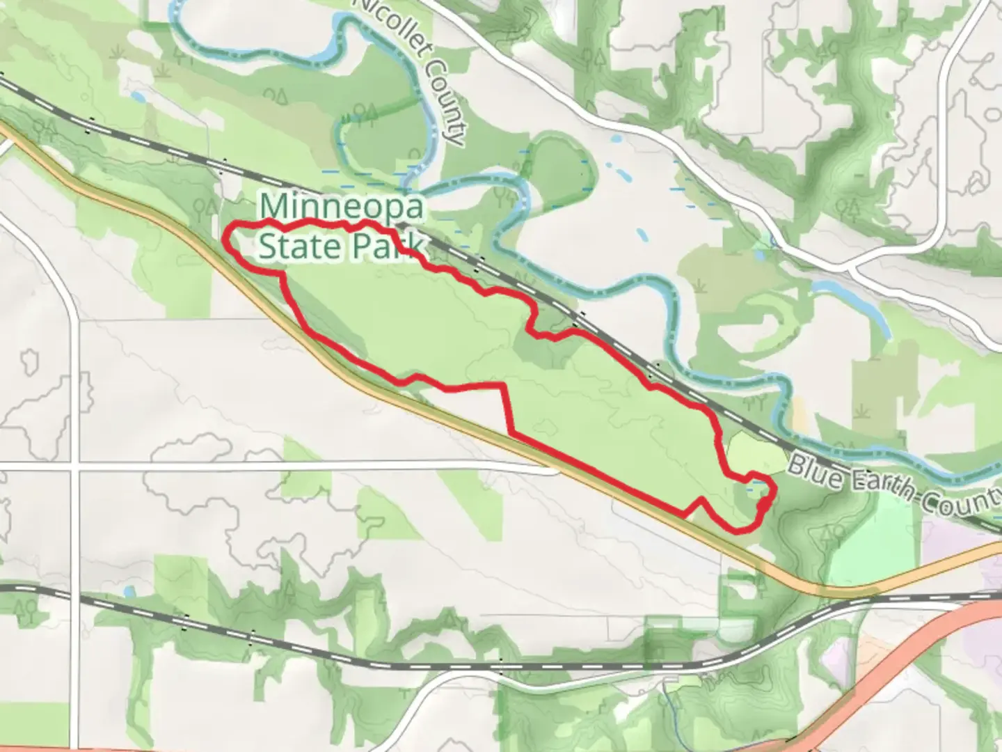An image depicting the trail Minneopa State Park via Minnesota River Bluff Trail and its surrounding area.